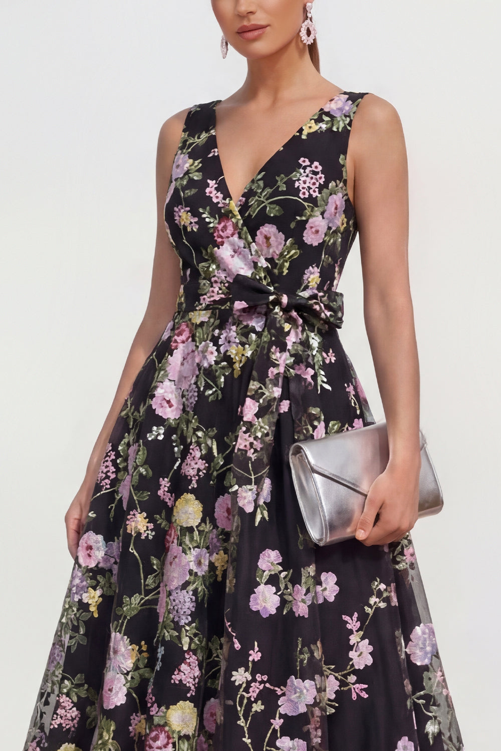 Black Floral A Line V Neck Wedding Guest Dress with Bow