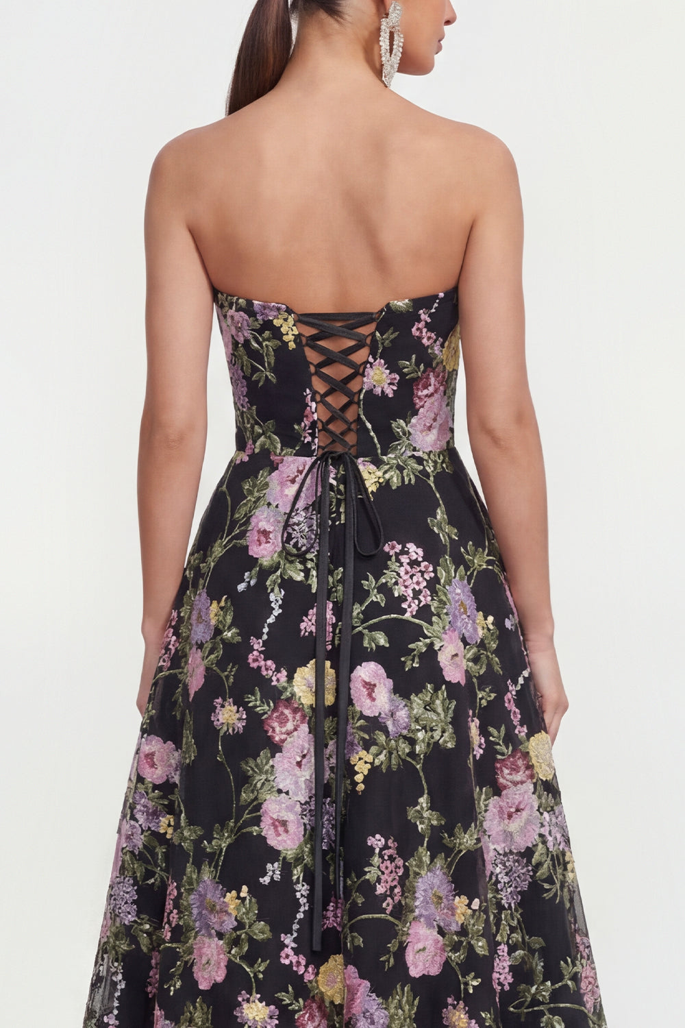 Strapless A Line Black Floral Wedding Guest Dress with Pockets