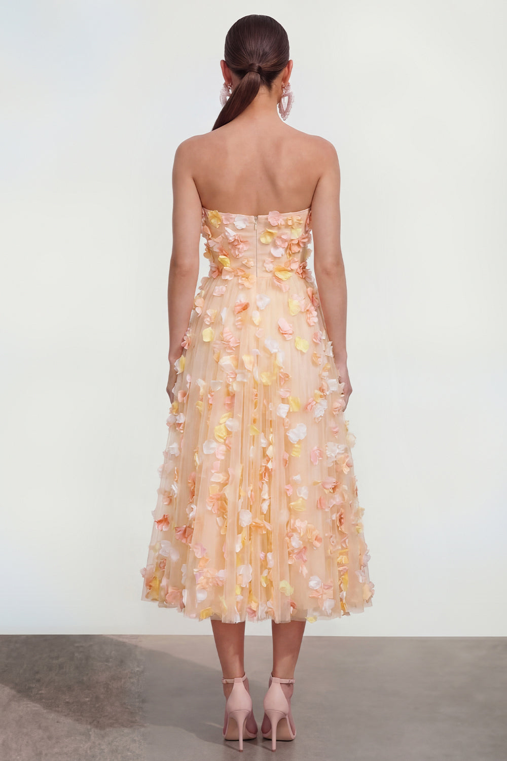 Champagne A Line Strapless Floral Wedding Guest Dress with Pockets