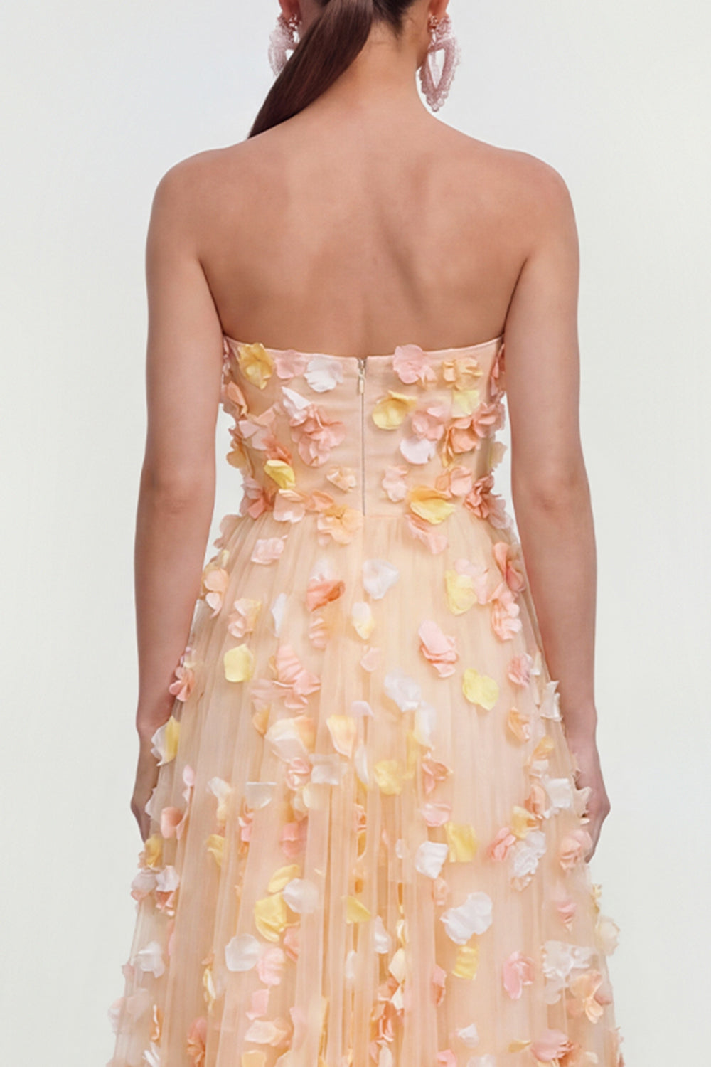 Champagne A Line Strapless Floral Wedding Guest Dress with Pockets