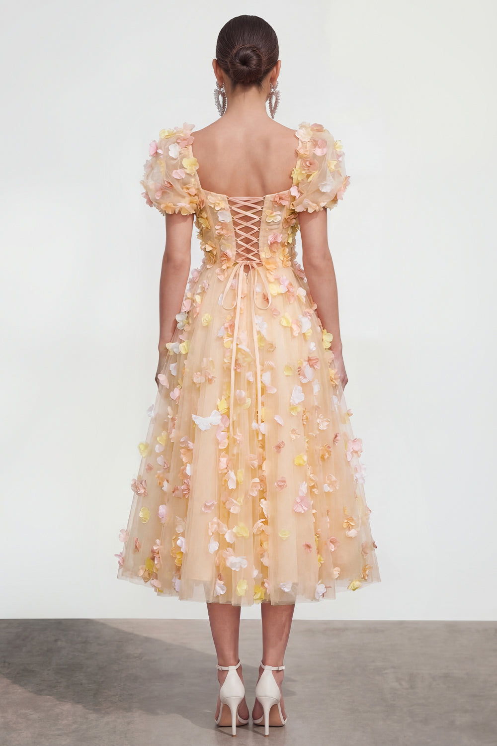 Floral Champagne A Line Short Sleeve Wedding Guest Dress