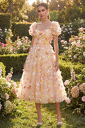Floral Champagne A Line Short Sleeve Wedding Guest Dress