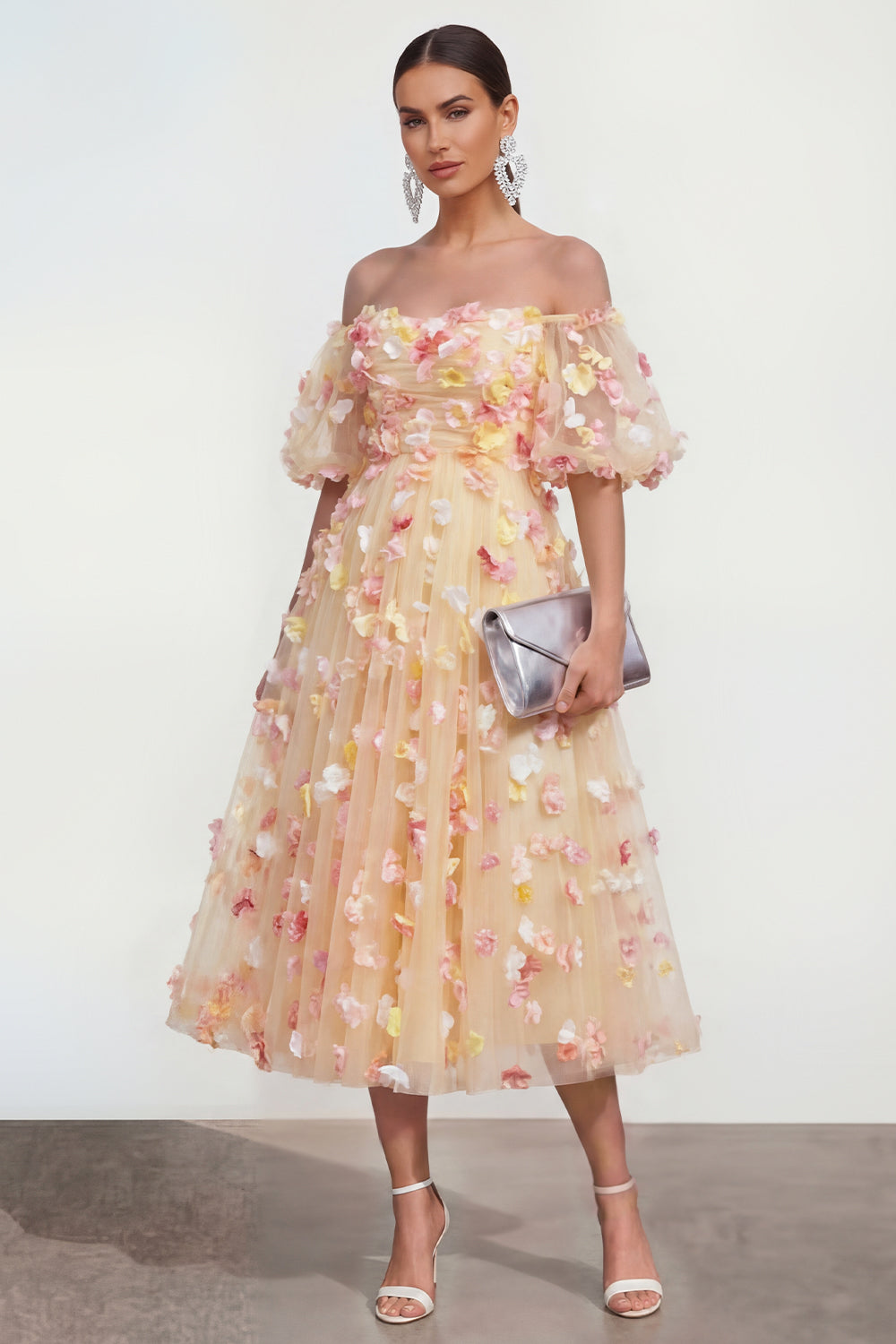 Off the Shoulder Floral Champagne A Line Wedding Guest Dress