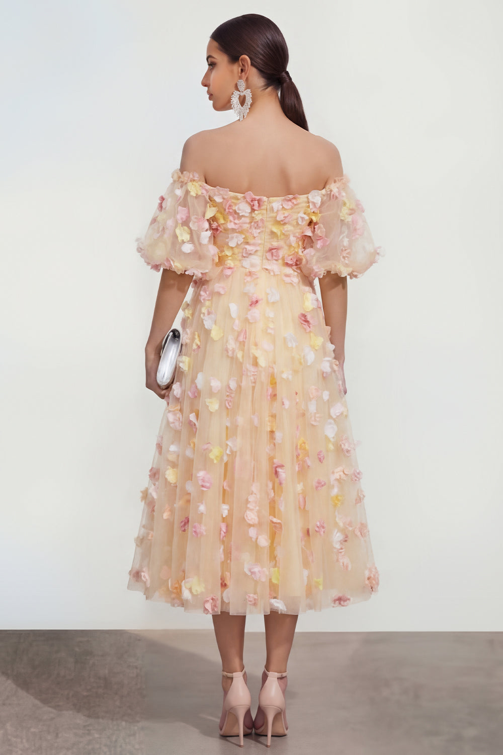 Off the Shoulder Floral Champagne A Line Wedding Guest Dress