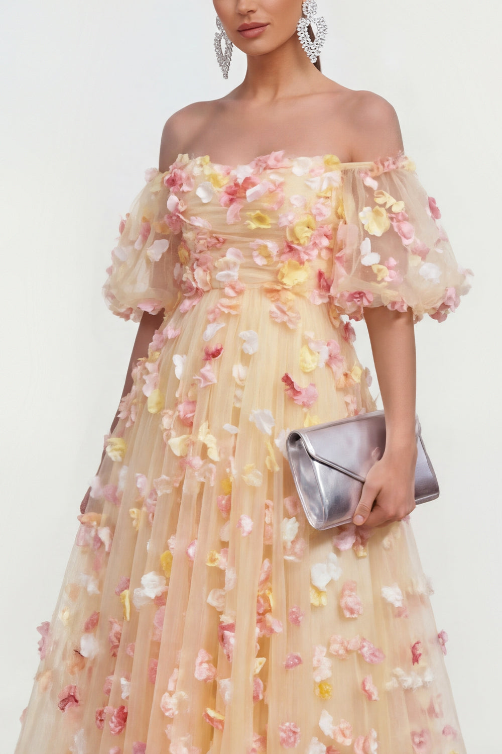 Off the Shoulder Floral Champagne A Line Wedding Guest Dress