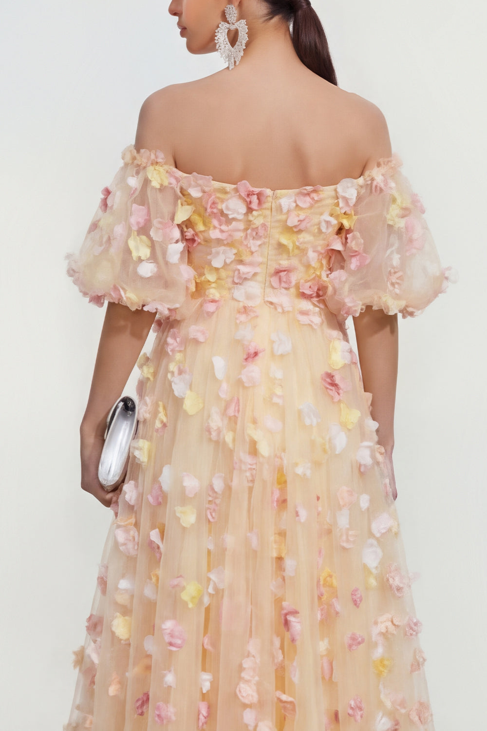 Off the Shoulder Floral Champagne A Line Wedding Guest Dress