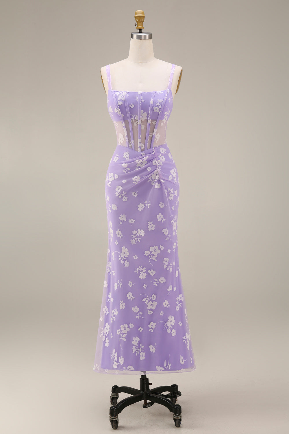 Floral Pink Ruched Mermaid Corset Wedding Guest Dress