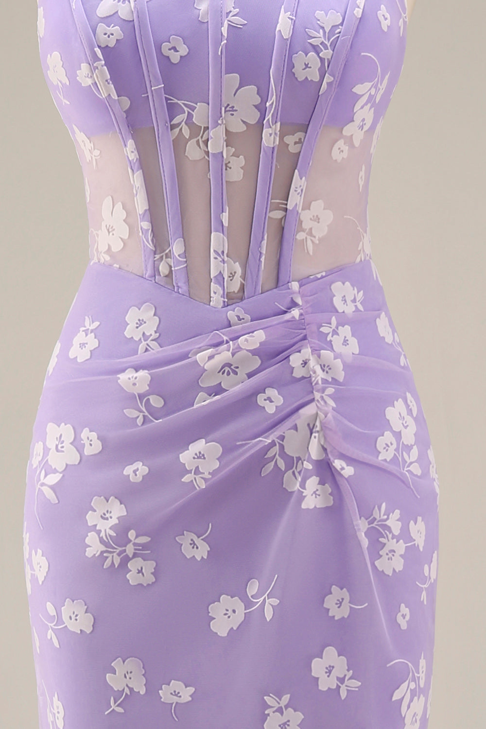 Floral Pink Ruched Mermaid Corset Wedding Guest Dress