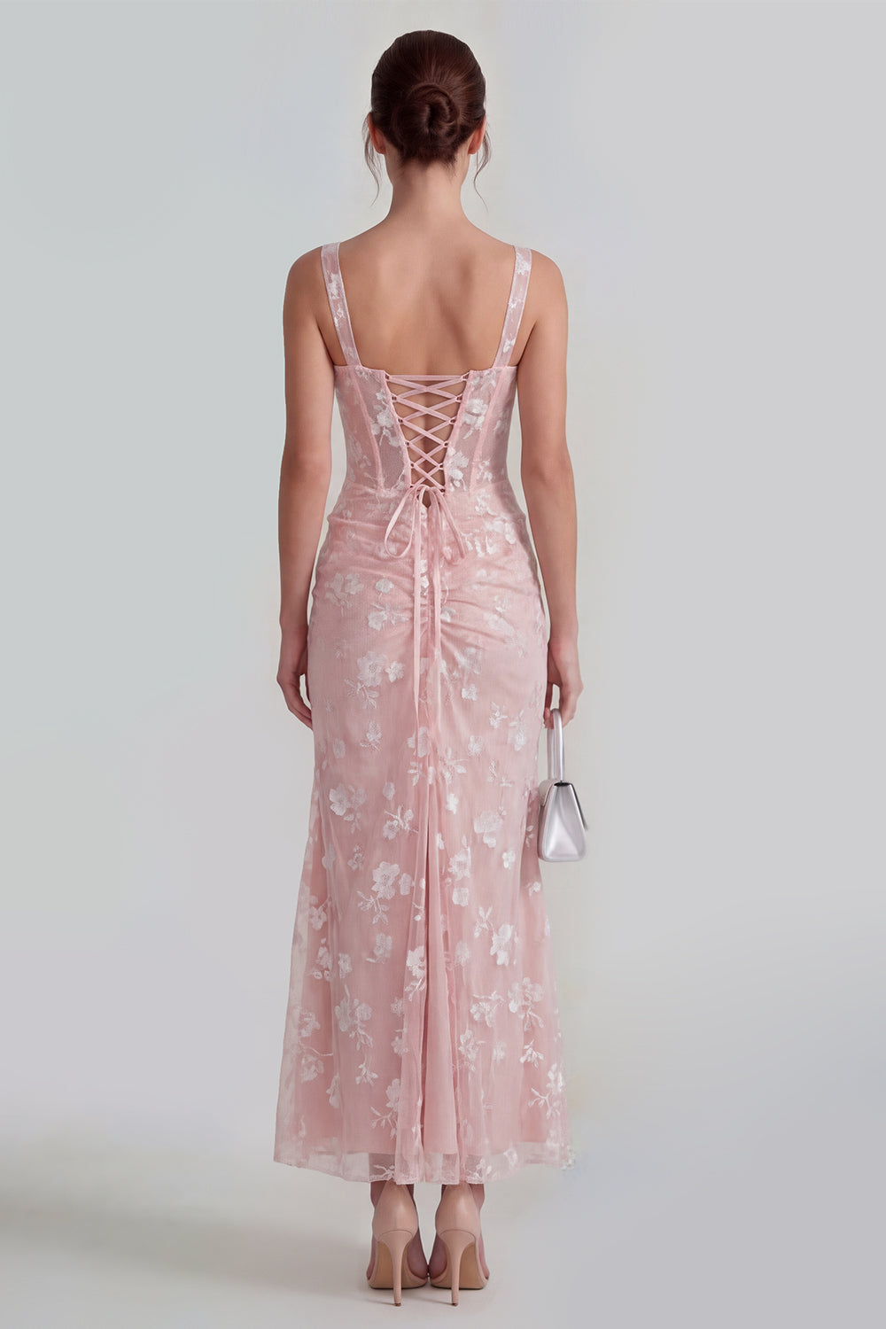 Floral Pink Ruched Mermaid Corset Wedding Guest Dress