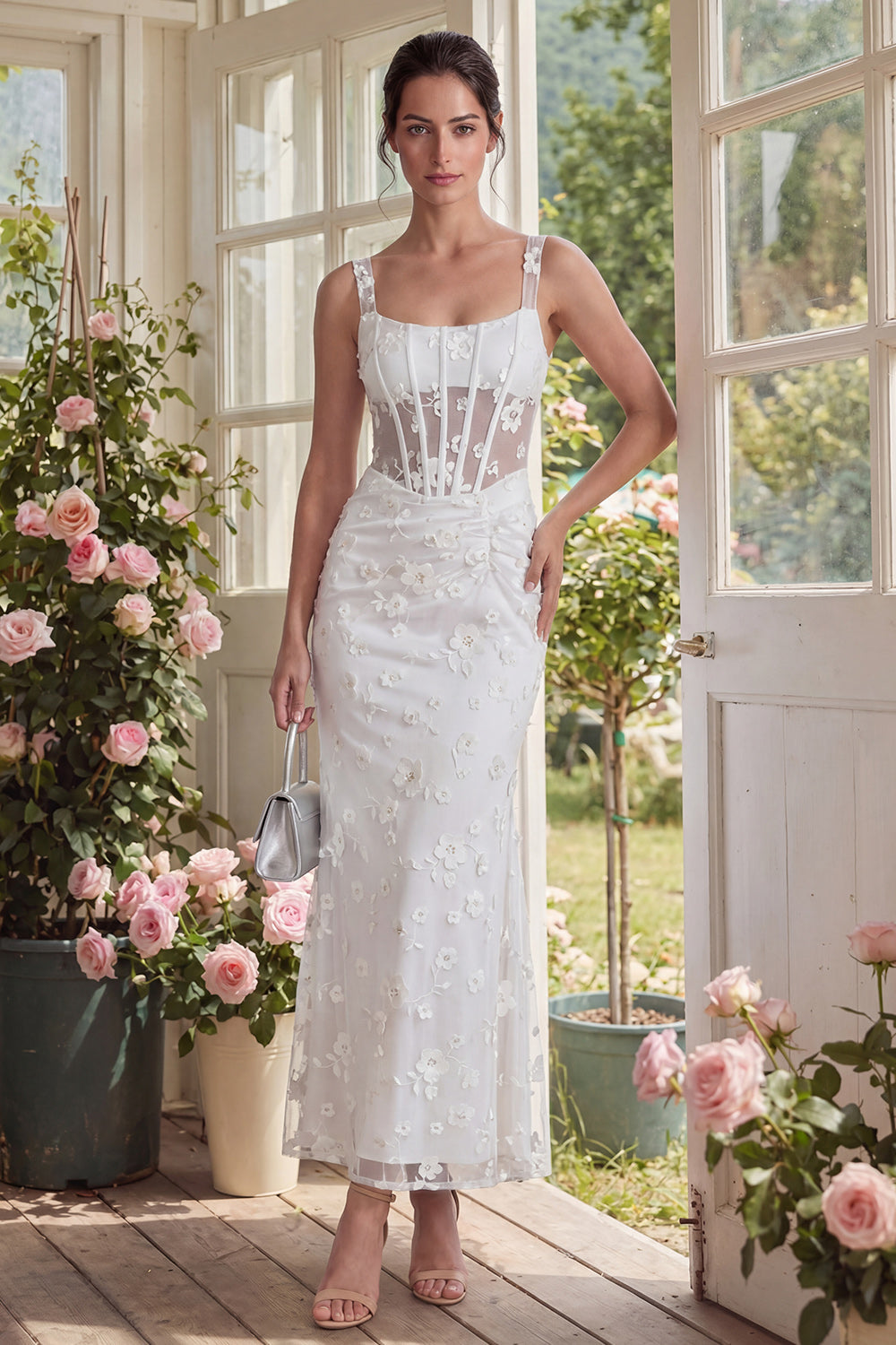 Floral Pink Ruched Mermaid Corset Wedding Guest Dress