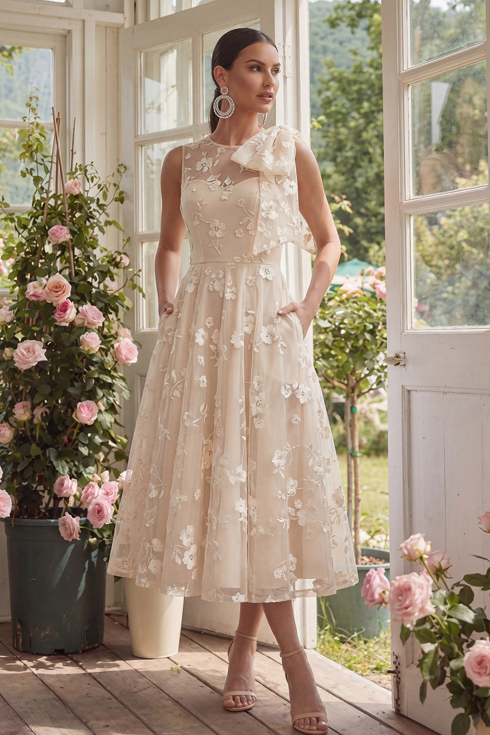 Floral Apricot A Line Bowed Midi Wedding Guest Dress