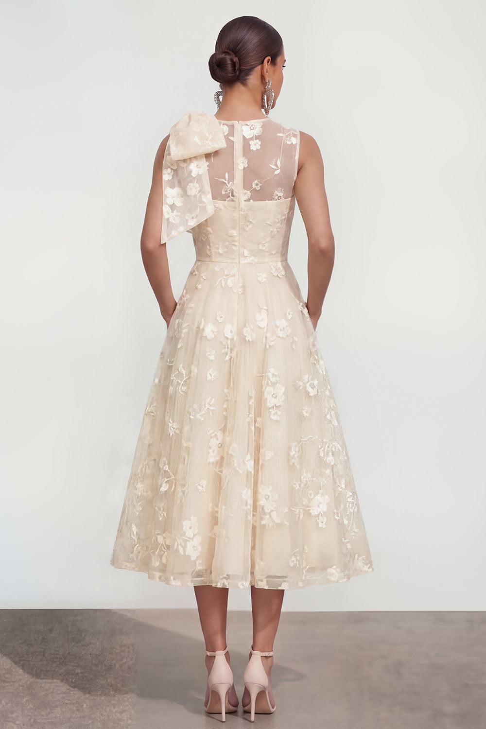 Floral Apricot A Line Bowed Midi Wedding Guest Dress