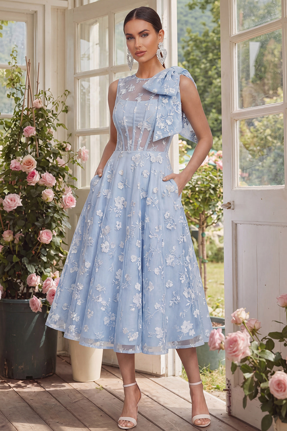 Floral Apricot A Line Bowed Midi Wedding Guest Dress