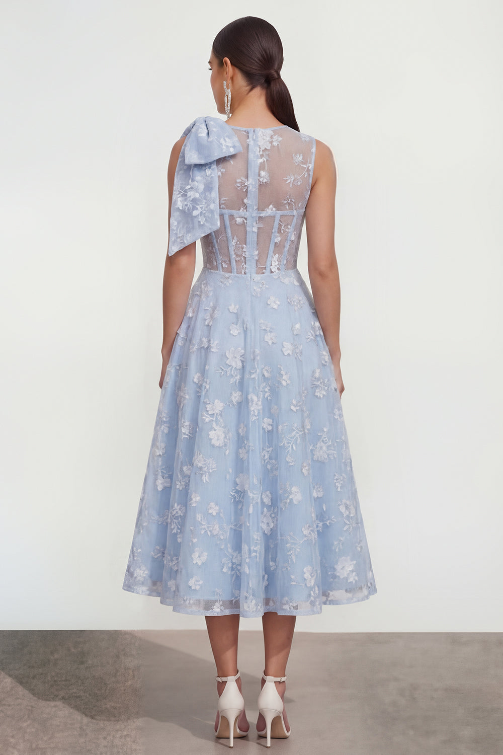 Floral Apricot A Line Bowed Midi Wedding Guest Dress