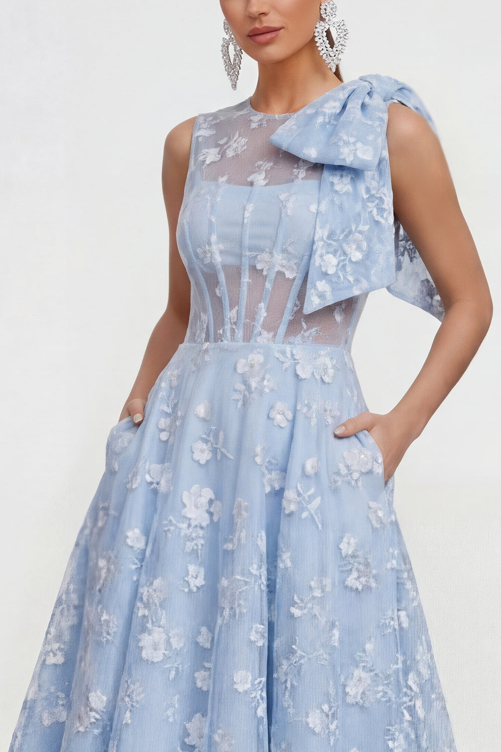 Floral Apricot A Line Bowed Midi Wedding Guest Dress
