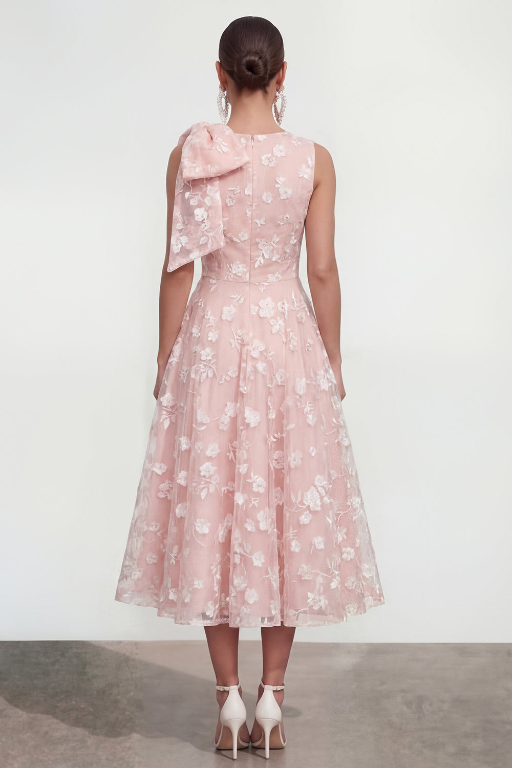 Floral Apricot A Line Bowed Midi Wedding Guest Dress