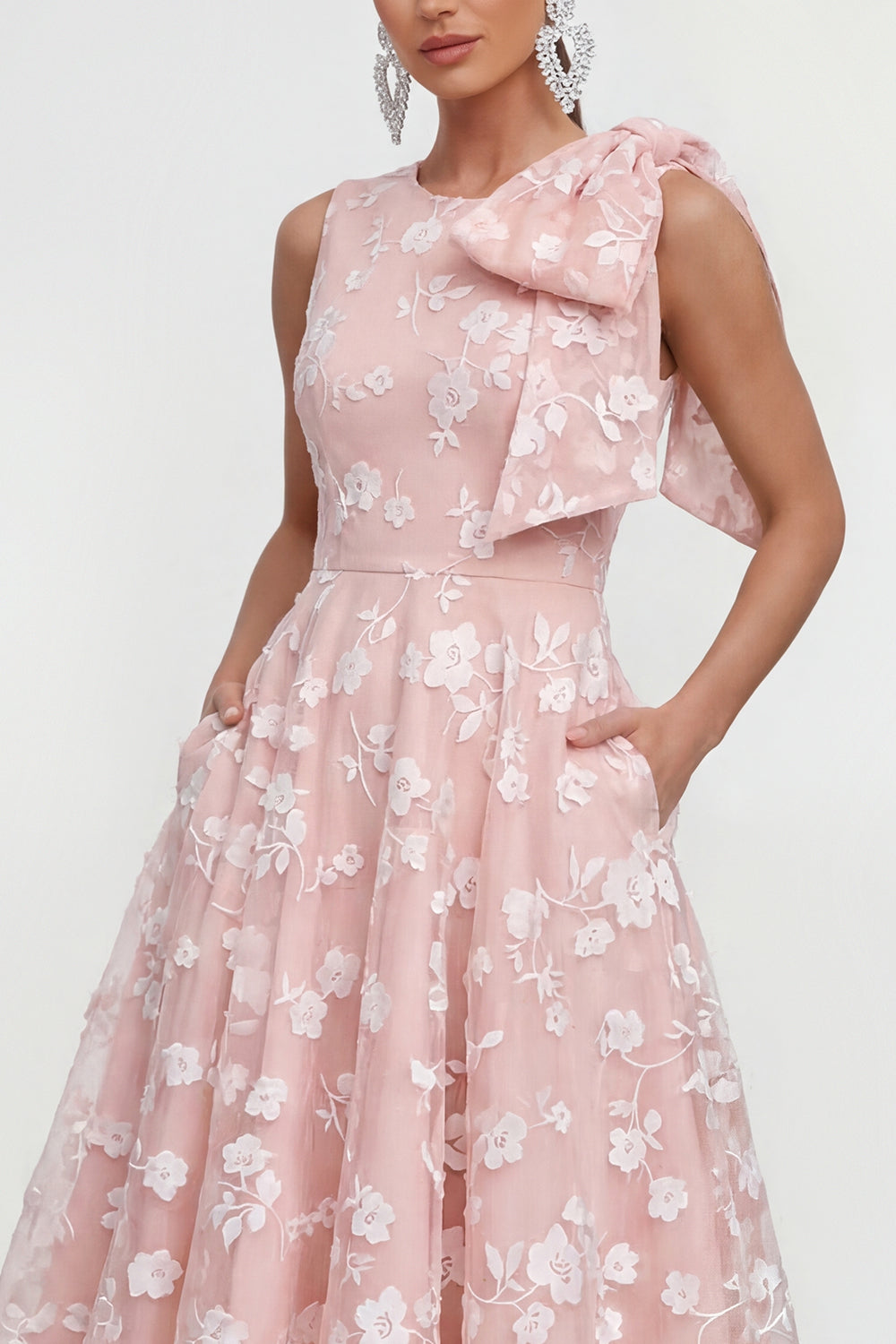 Floral Apricot A Line Bowed Midi Wedding Guest Dress