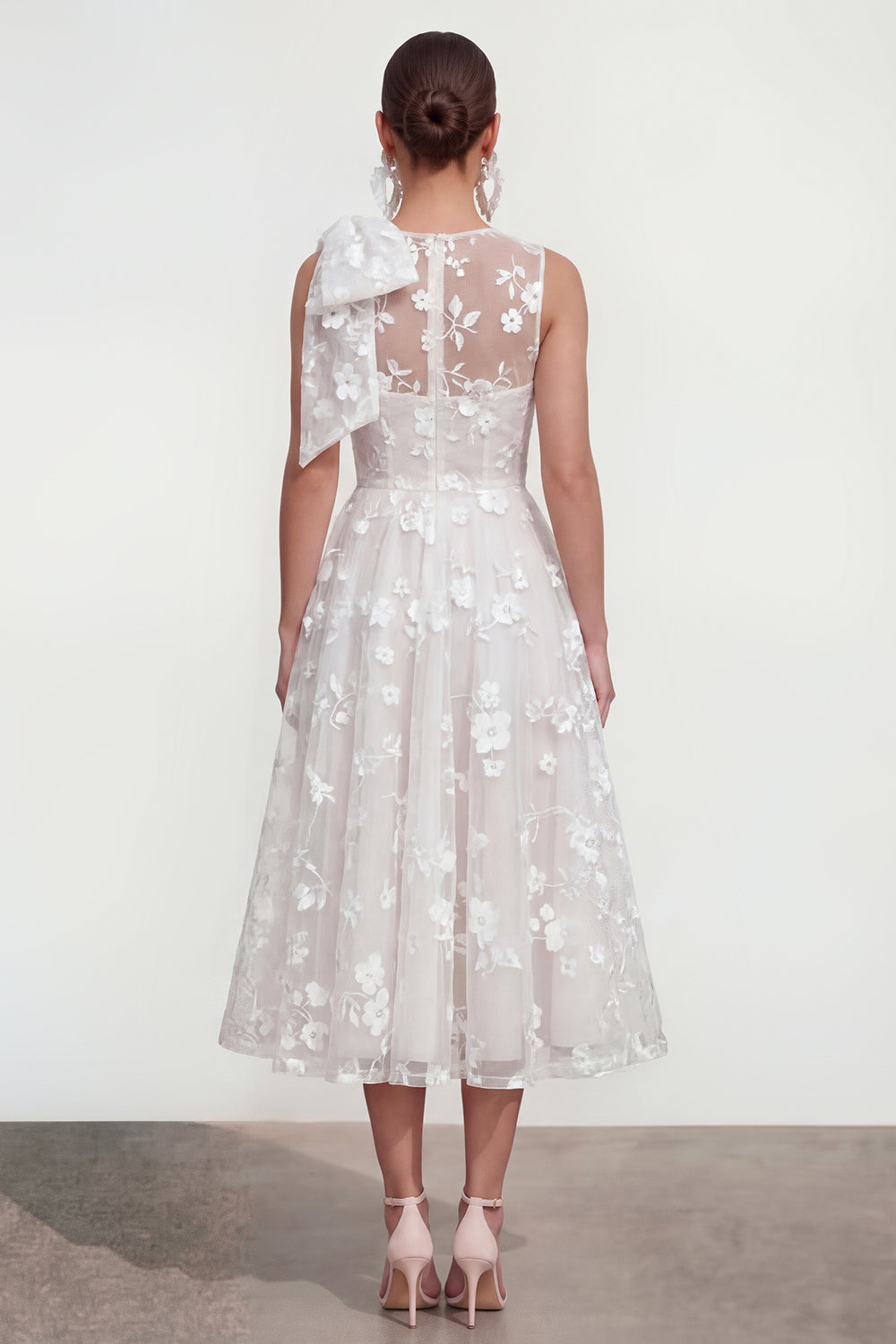 Floral Apricot A Line Bowed Midi Wedding Guest Dress