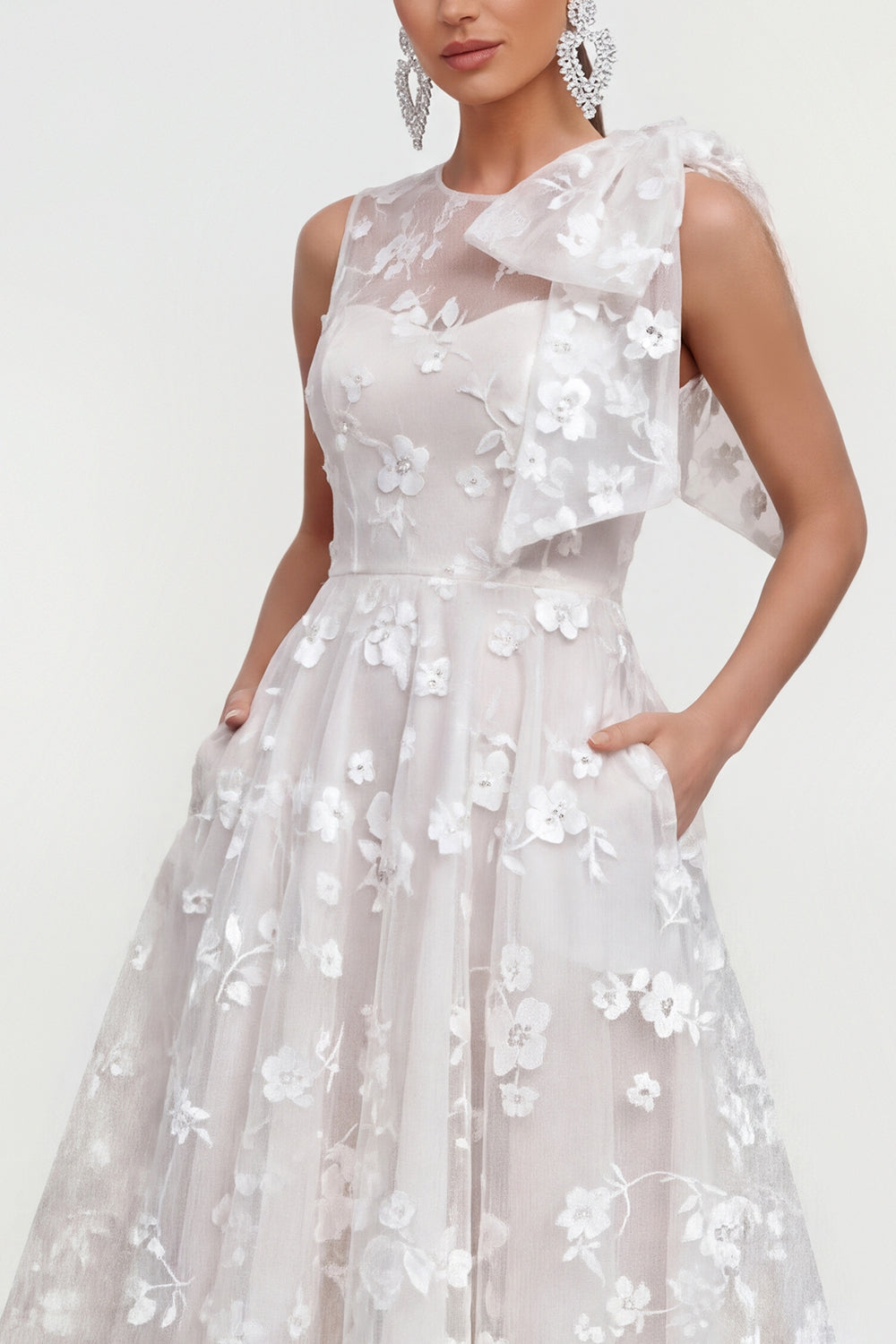 Floral Apricot A Line Bowed Midi Wedding Guest Dress