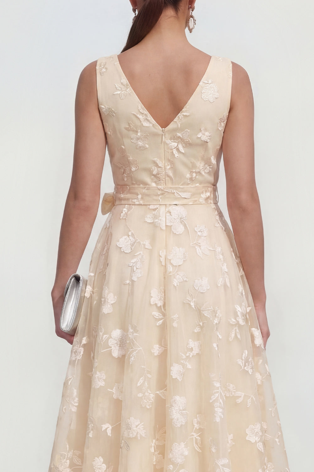 Blue Floral A Line Midi Wedding Guest Dress with Bow