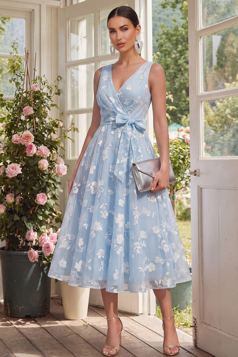 Blue Floral A Line Midi Wedding Guest Dress with Bow