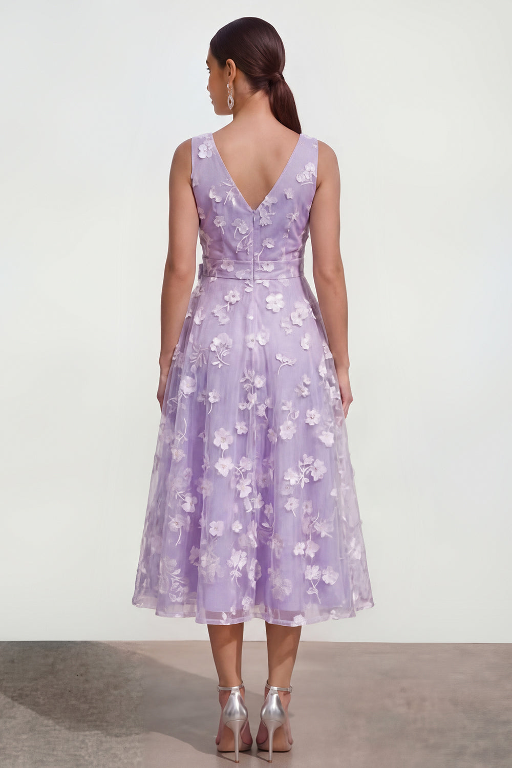 Blue Floral A Line Midi Wedding Guest Dress with Bow