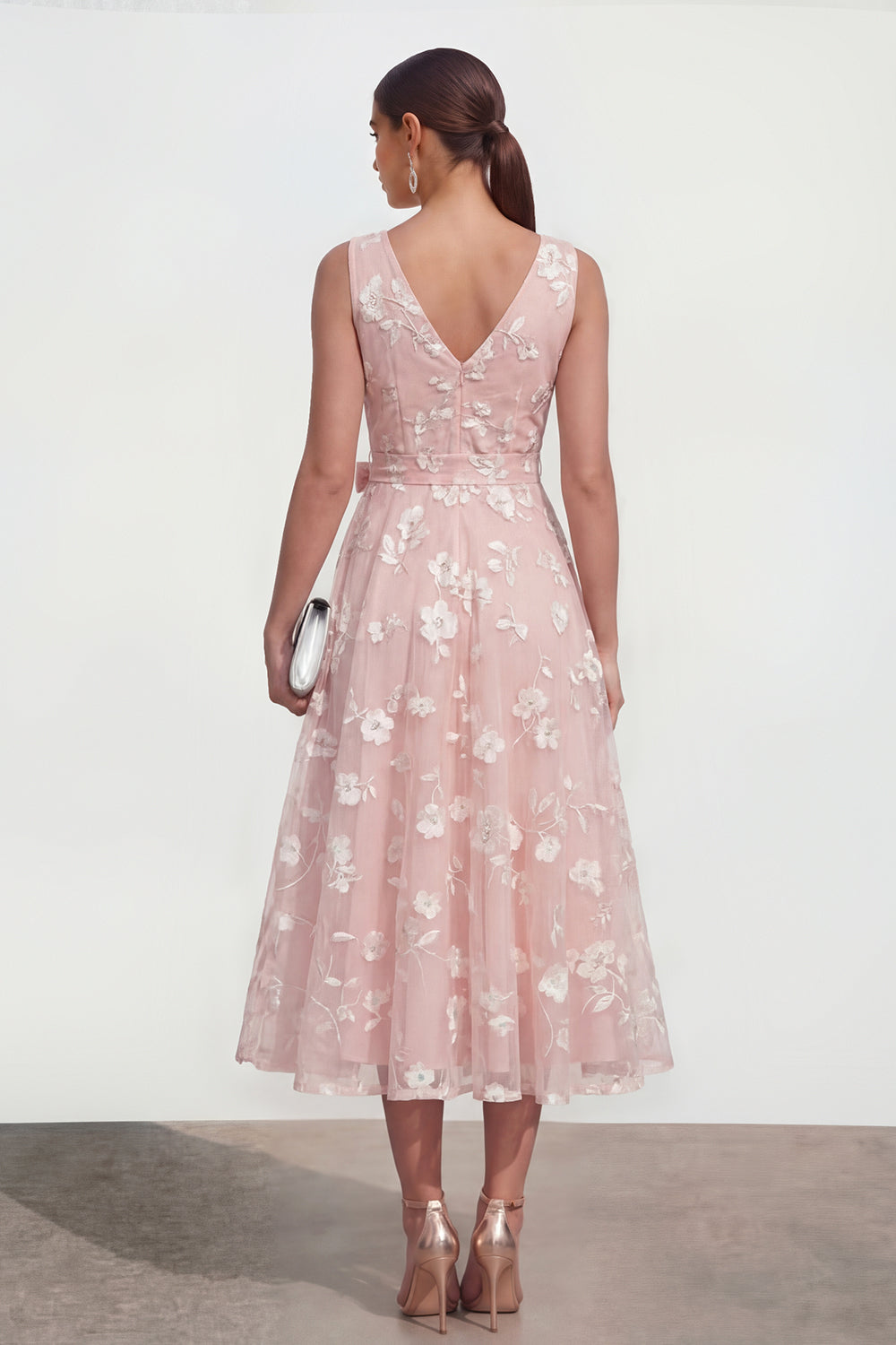 Blue Floral A Line Midi Wedding Guest Dress with Bow