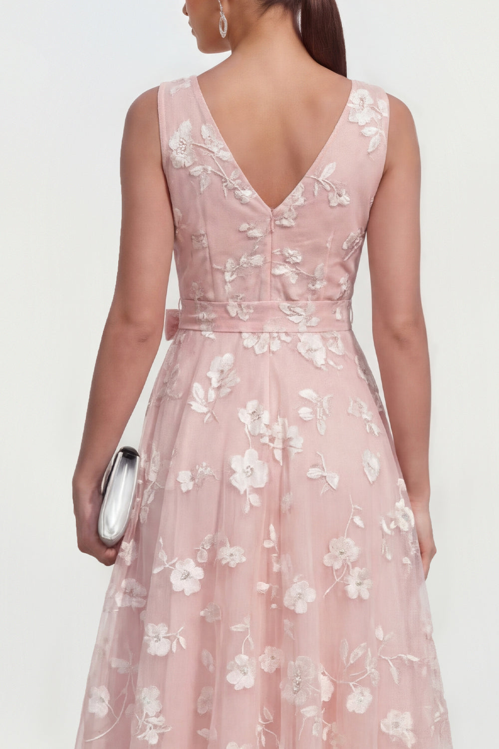 Blue Floral A Line Midi Wedding Guest Dress with Bow