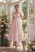 Floral Pink Puff Sleeve A Line Corset Wedding Guest Dress