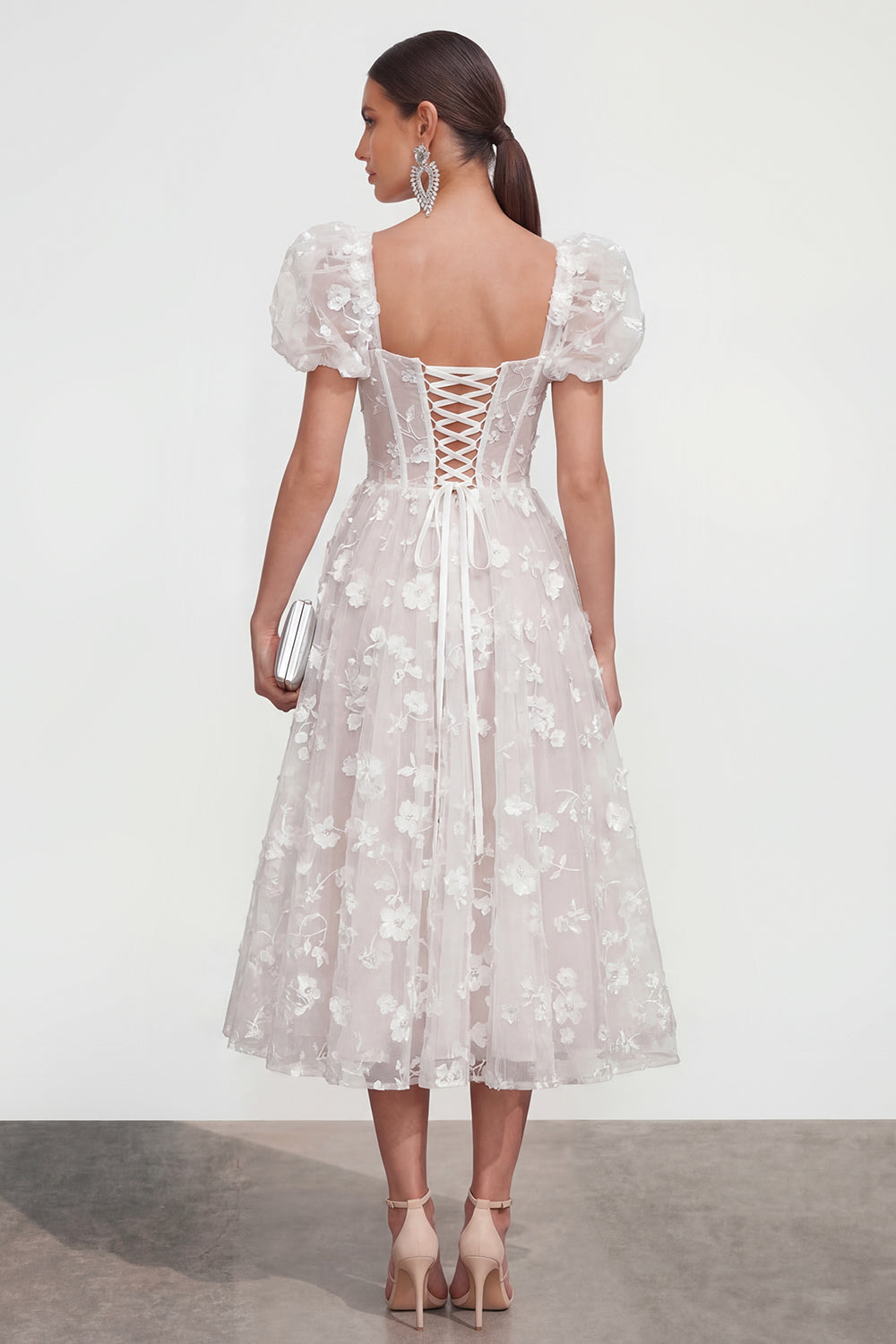 Floral Pink Puff Sleeve A Line Corset Wedding Guest Dress