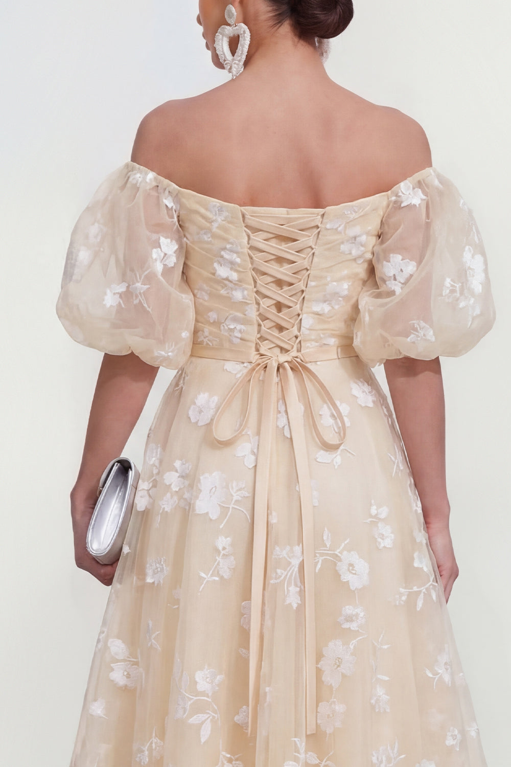 Off the Shoulder Floral Lilac Ruched A Line Wedding Guest Dress
