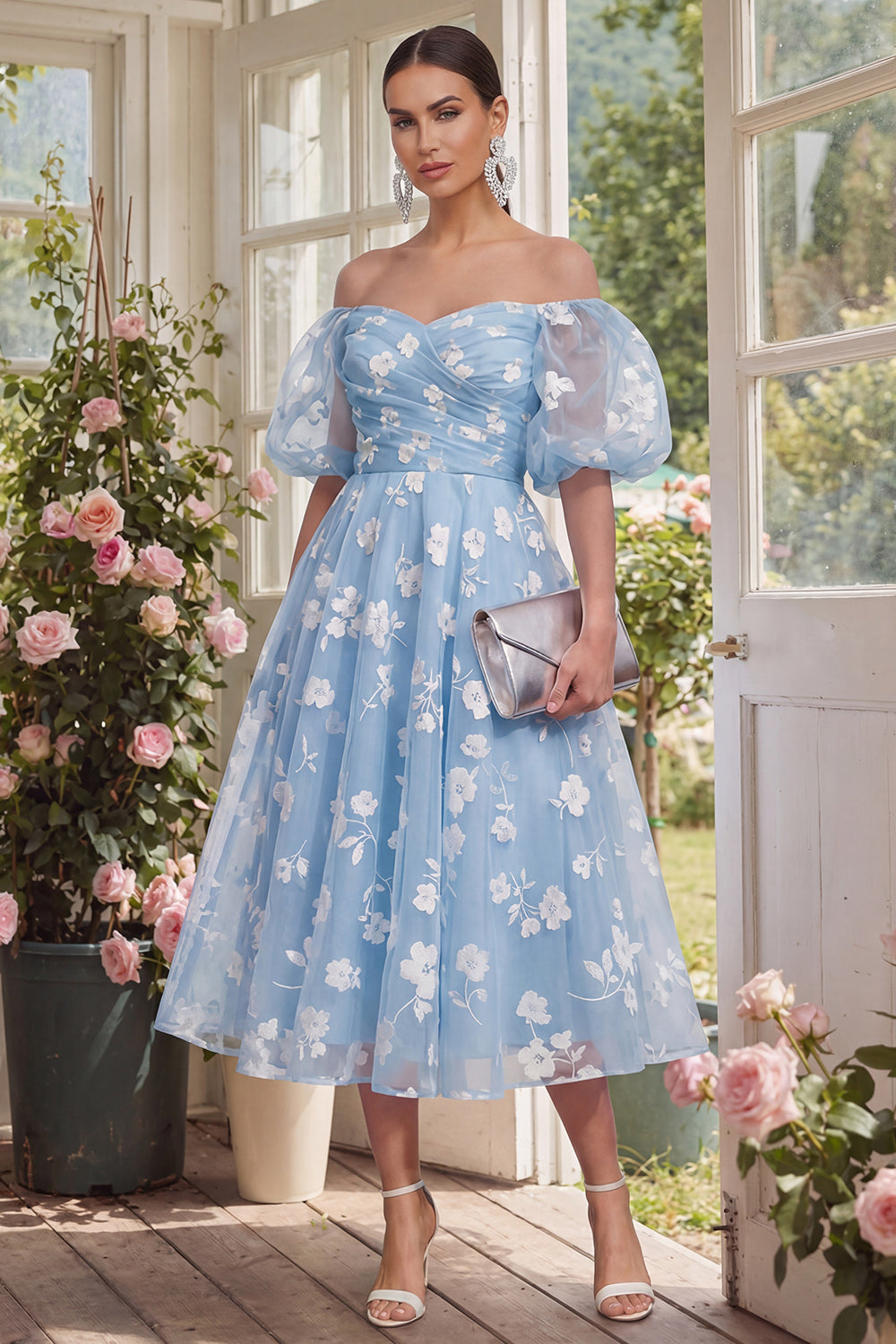 Off the Shoulder Floral Lilac Ruched A Line Wedding Guest Dress