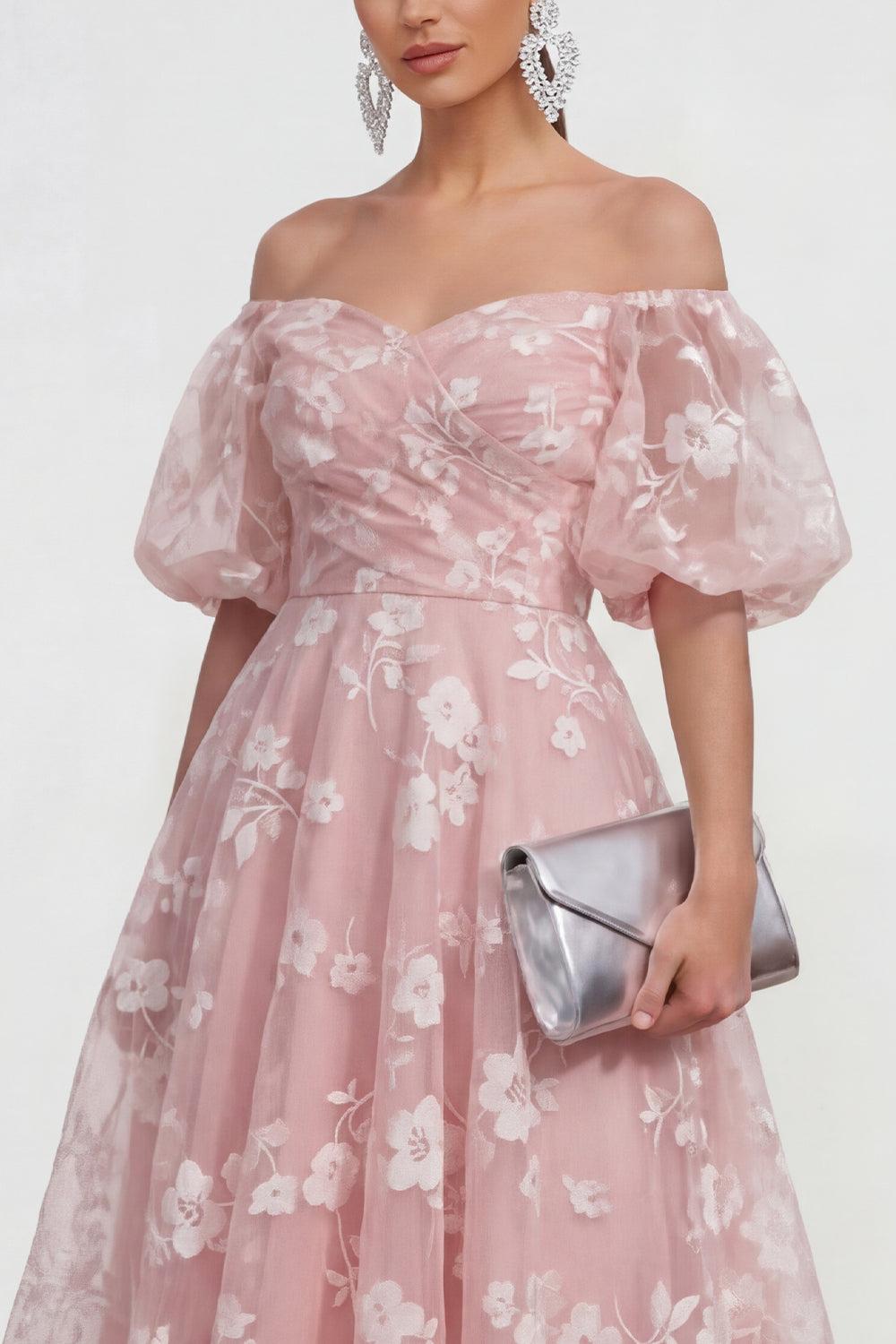Off the Shoulder Floral Lilac Ruched A Line Wedding Guest Dress