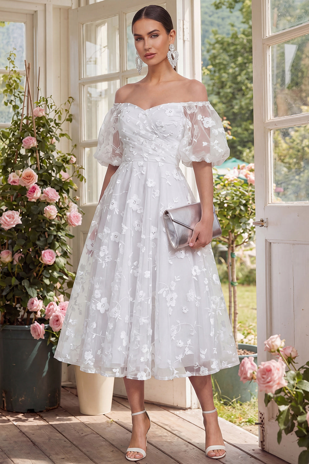 Off the Shoulder Floral Lilac Ruched A Line Wedding Guest Dress