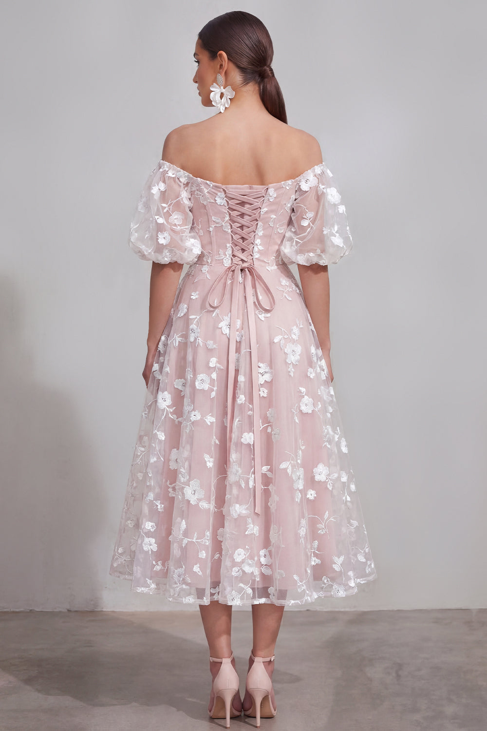 Off the Shoulder Floral Lilac Ruched A Line Wedding Guest Dress