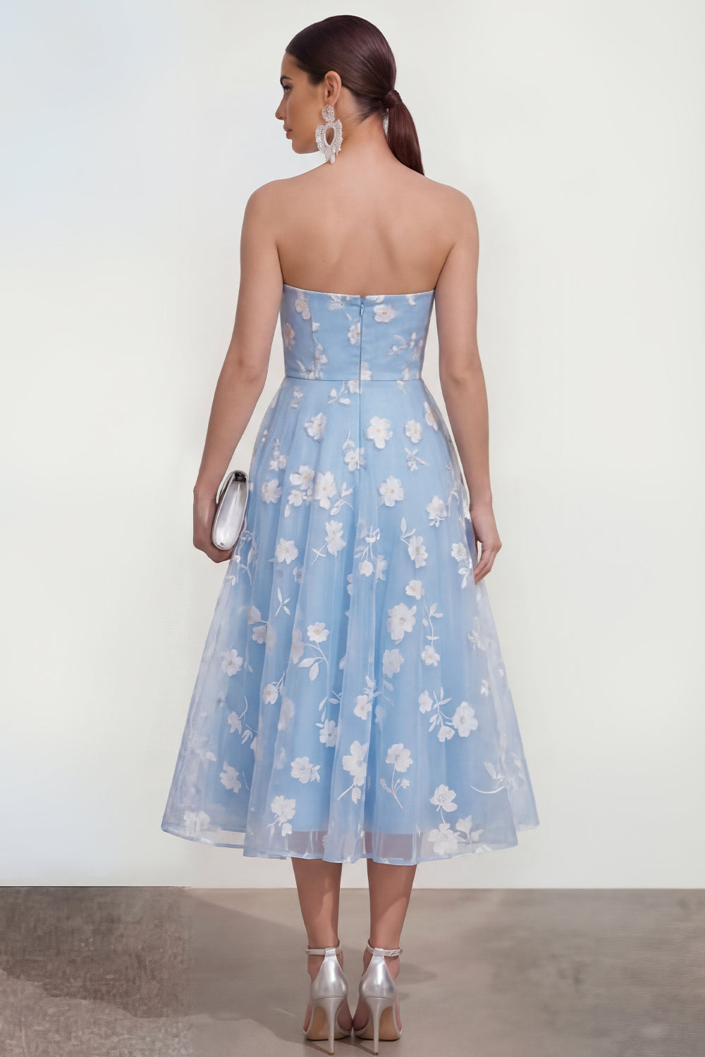 Strapless Floral Blue A Line Wedding Guest Dress