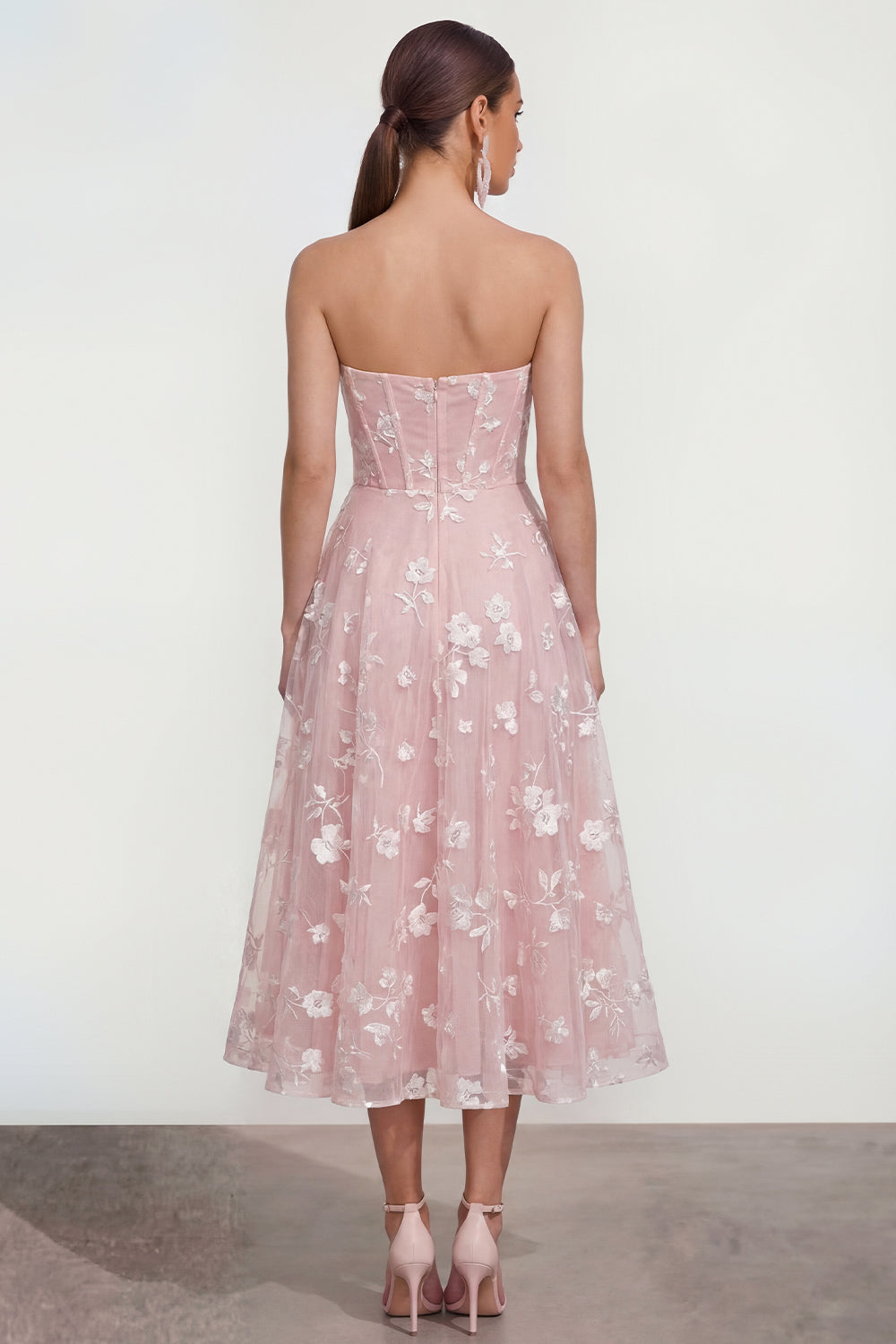 Strapless Floral Blue A Line Wedding Guest Dress