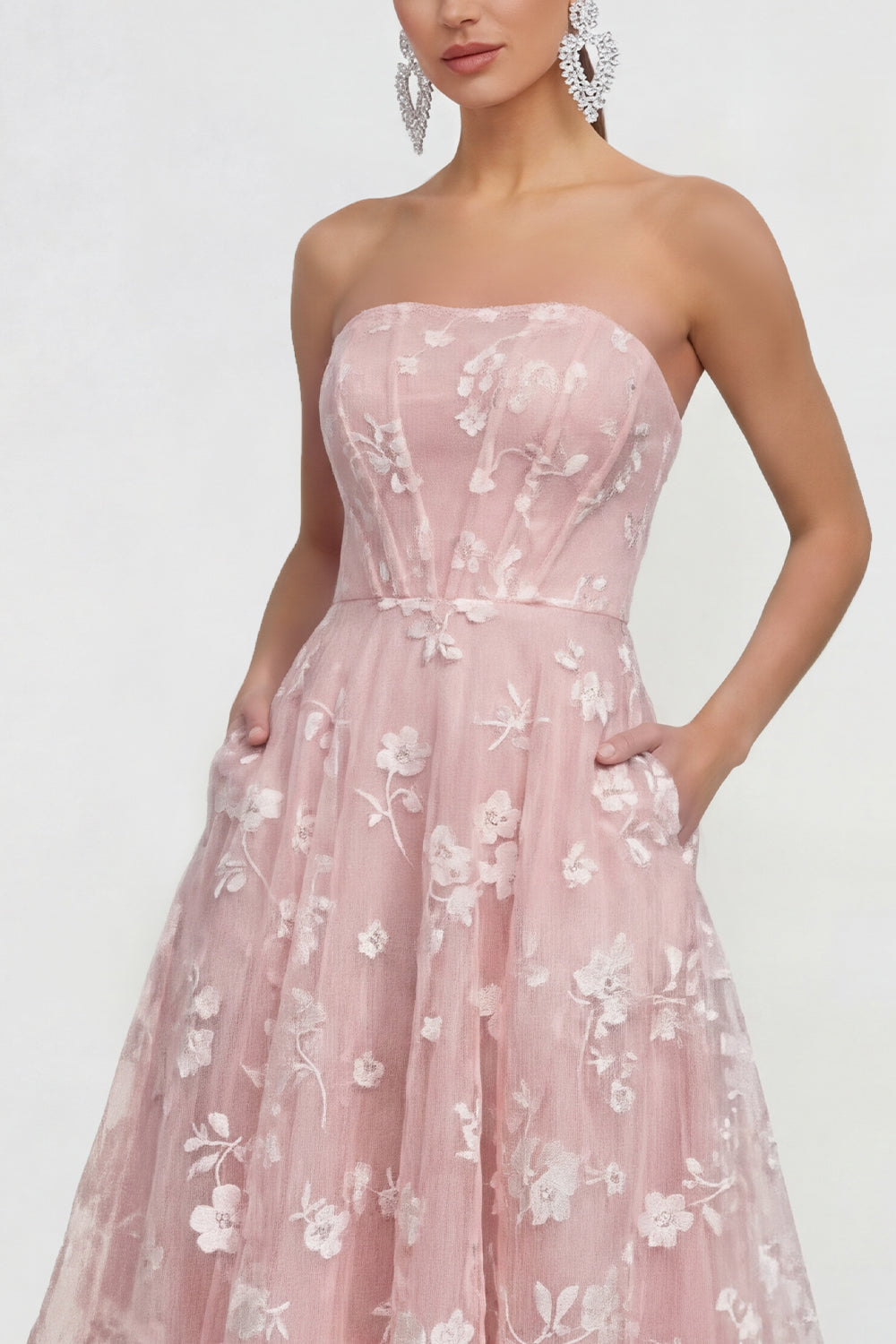 Strapless Floral Blue A Line Wedding Guest Dress