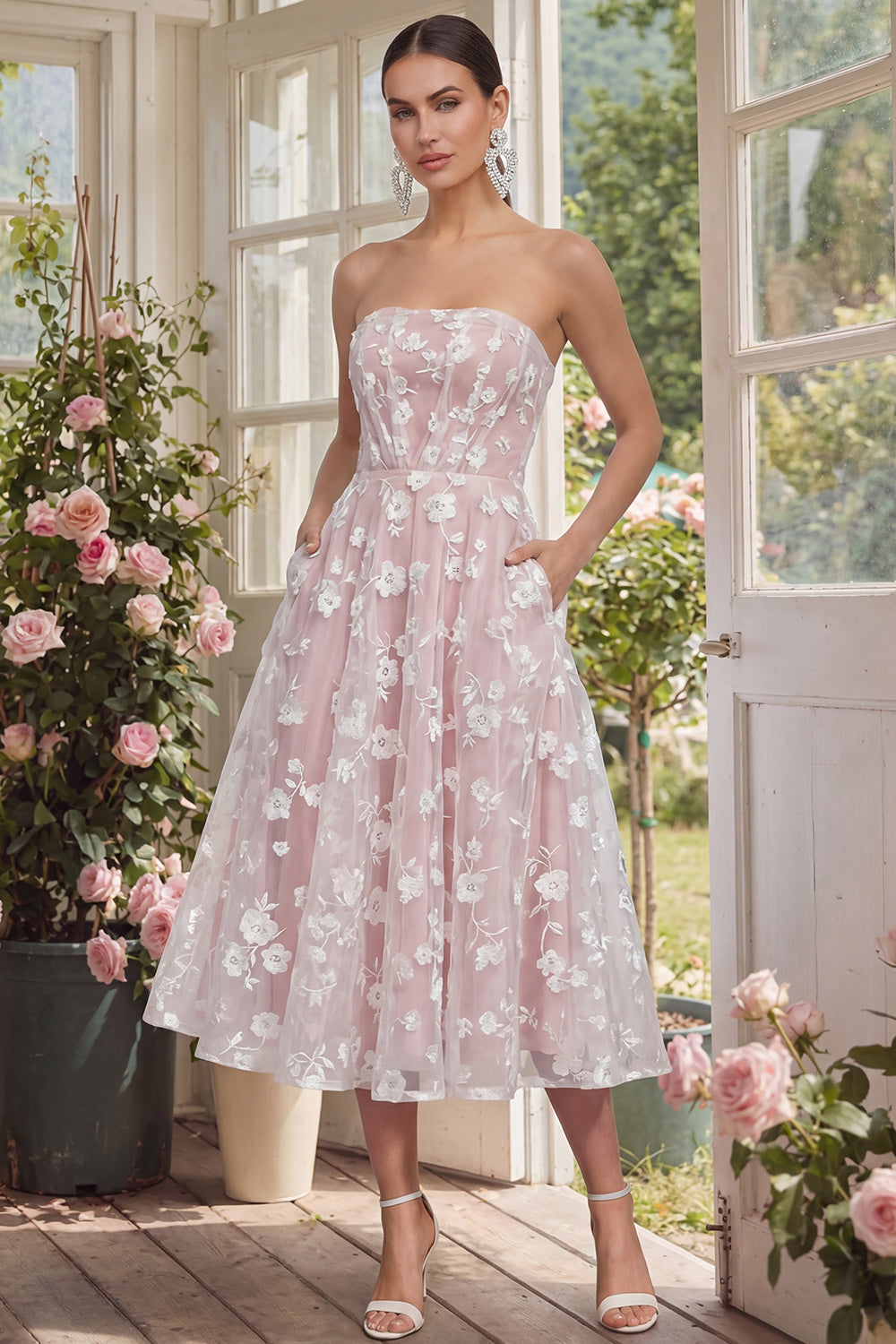 Strapless Floral Blue A Line Wedding Guest Dress