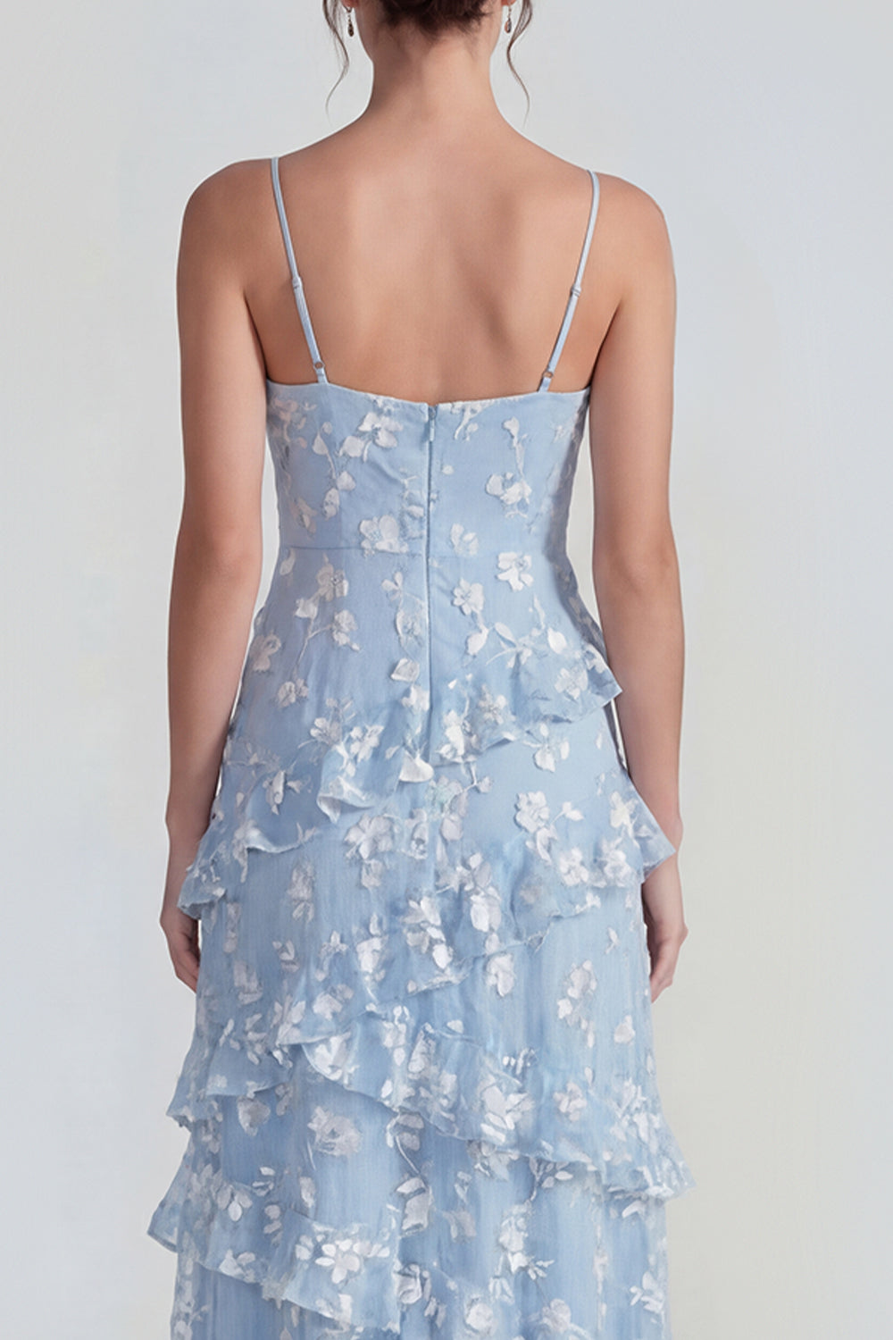 Blue Floral A Line Ruffled Maxi Wedding Guest Dress