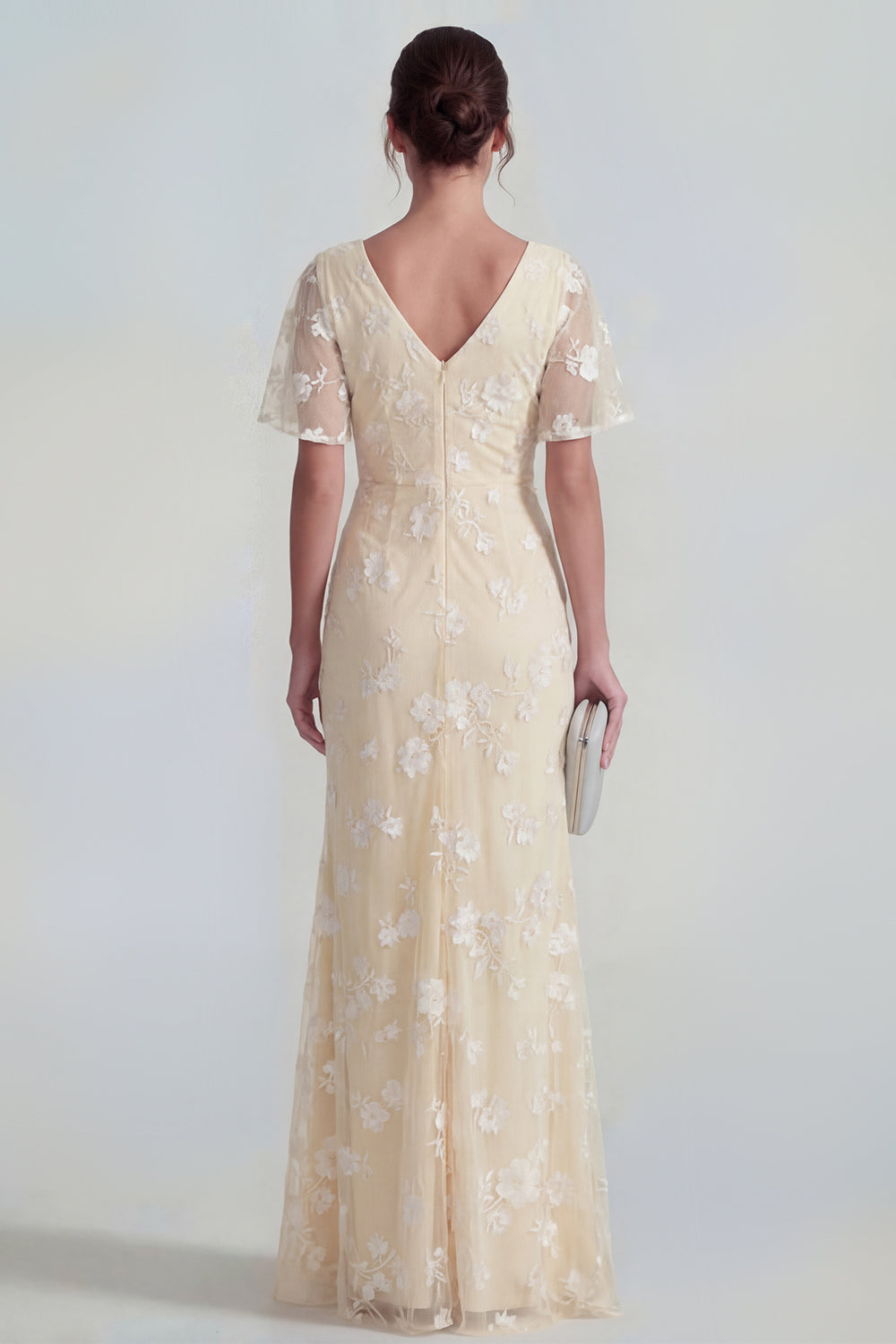 Floral Mermaid Ruched Short Sleeve Apricot Wedding Guest Dress