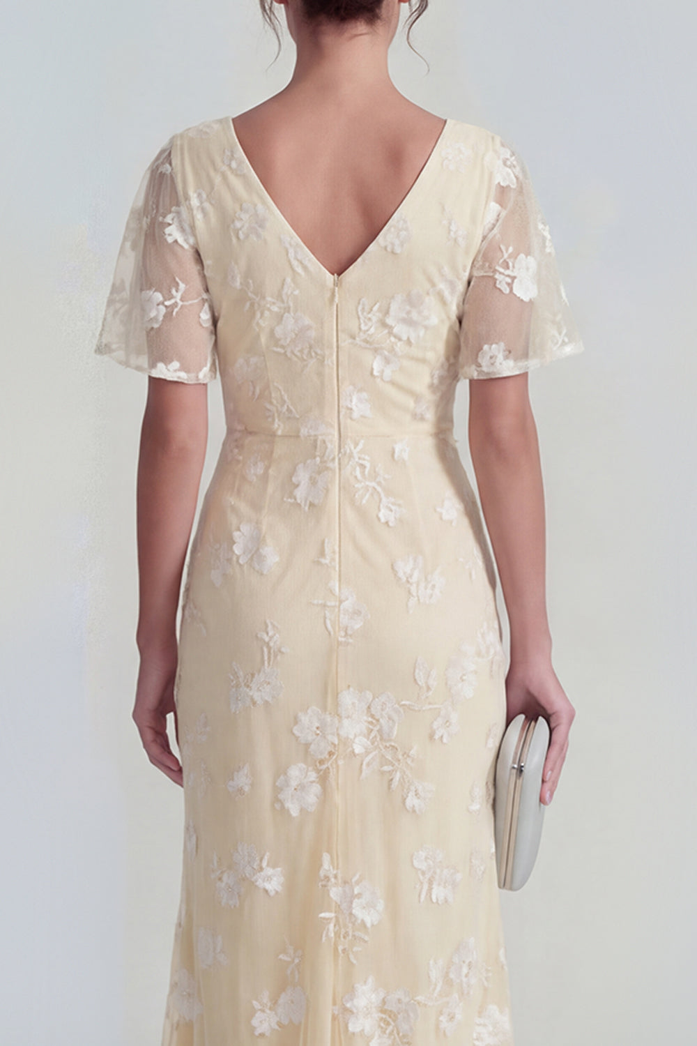 Floral Mermaid Ruched Short Sleeve Apricot Wedding Guest Dress