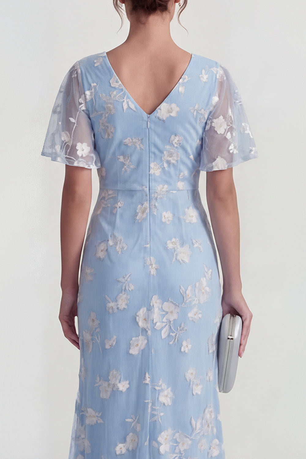Floral Mermaid Ruched Short Sleeve Apricot Wedding Guest Dress
