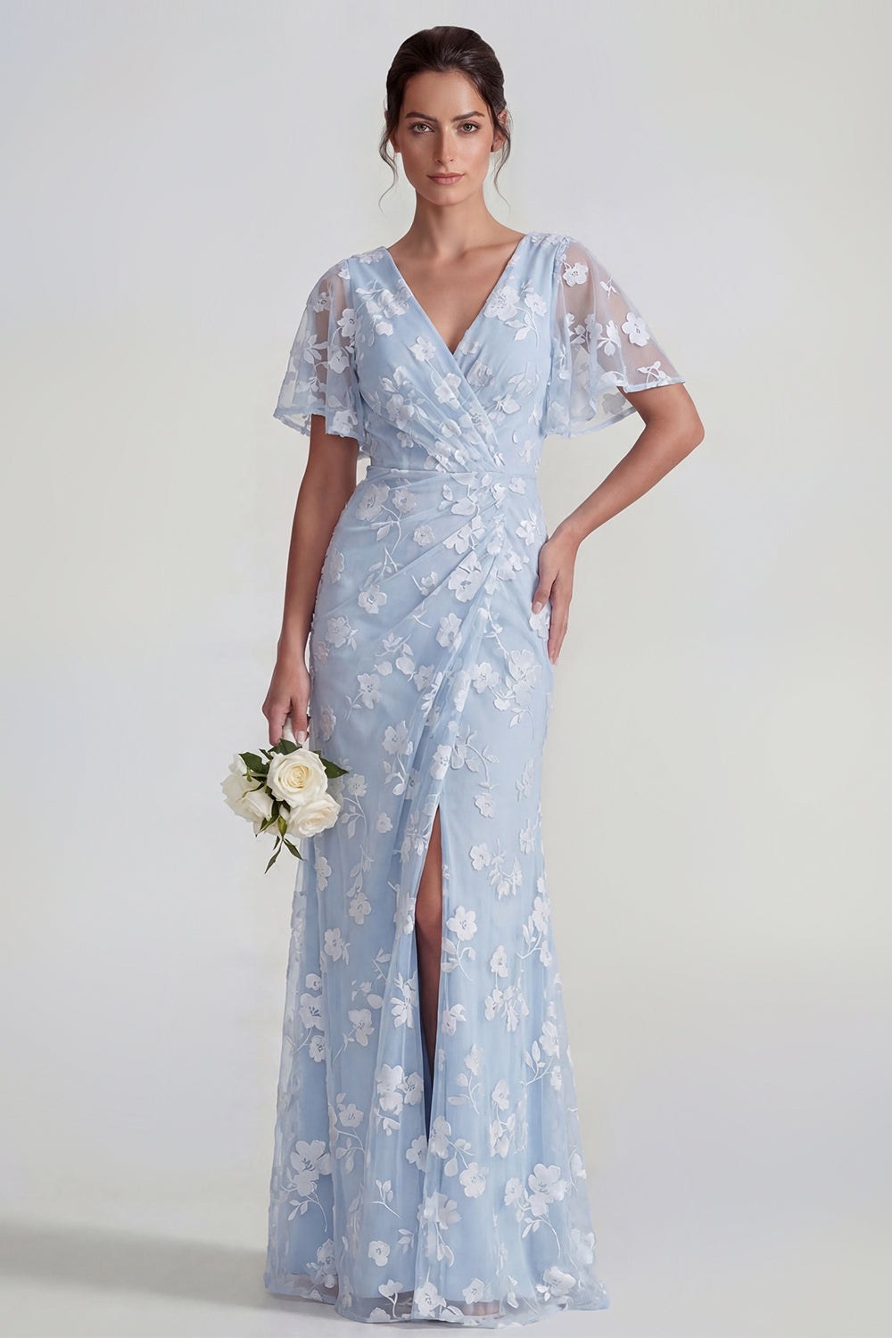 Floral Mermaid Ruched Short Sleeve Apricot Wedding Guest Dress