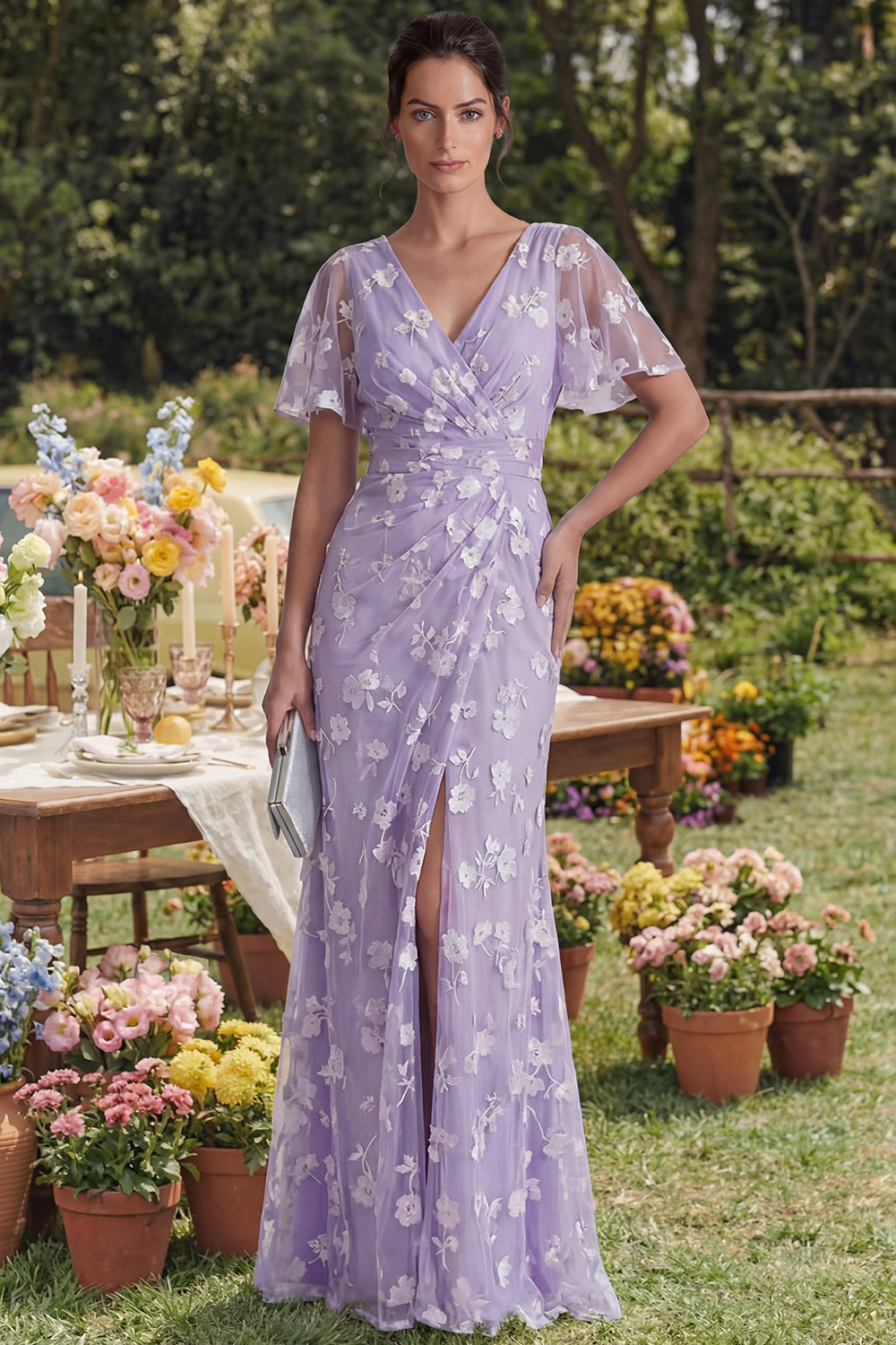 Floral Mermaid Ruched Short Sleeve Apricot Wedding Guest Dress