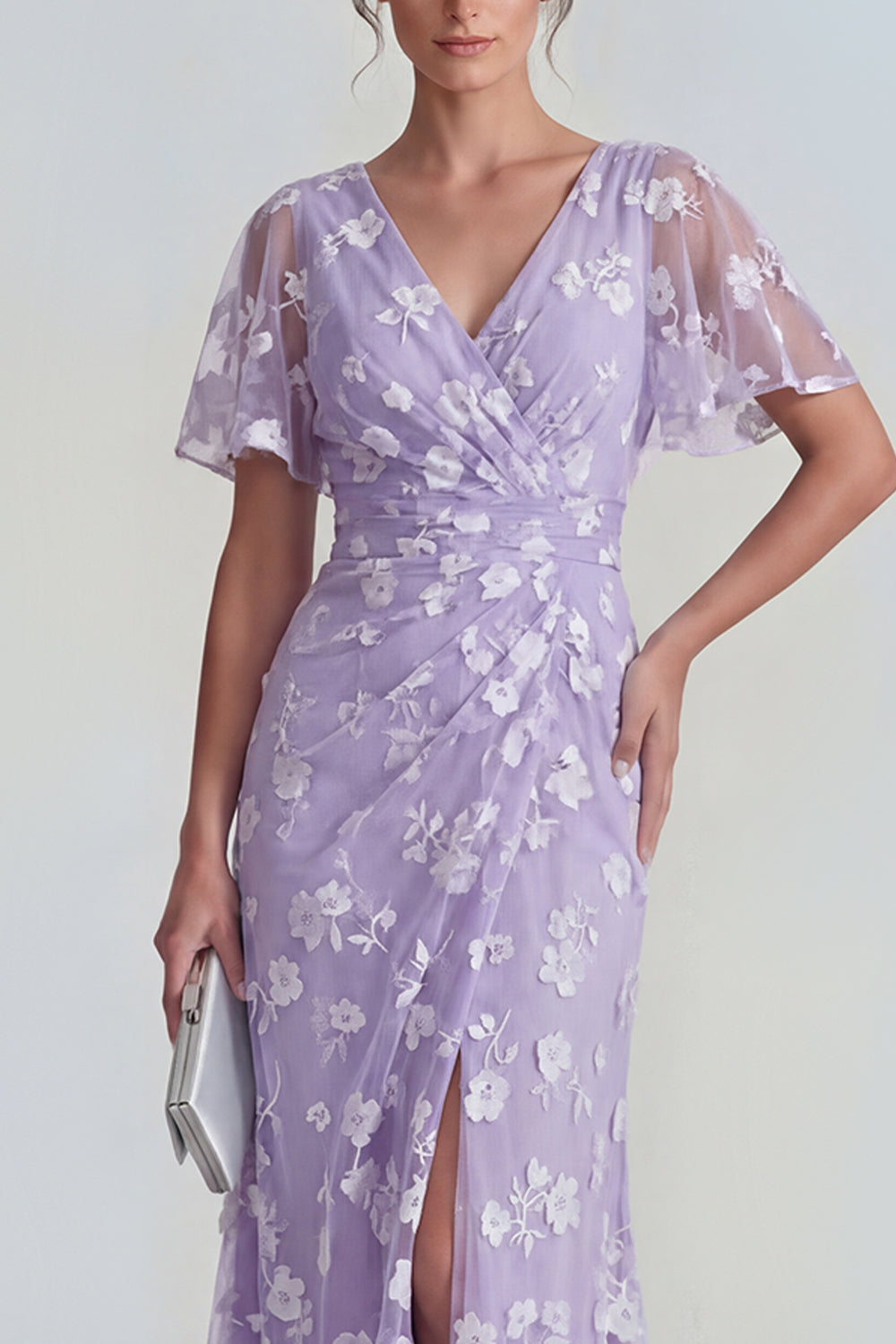 Floral Mermaid Ruched Short Sleeve Apricot Wedding Guest Dress