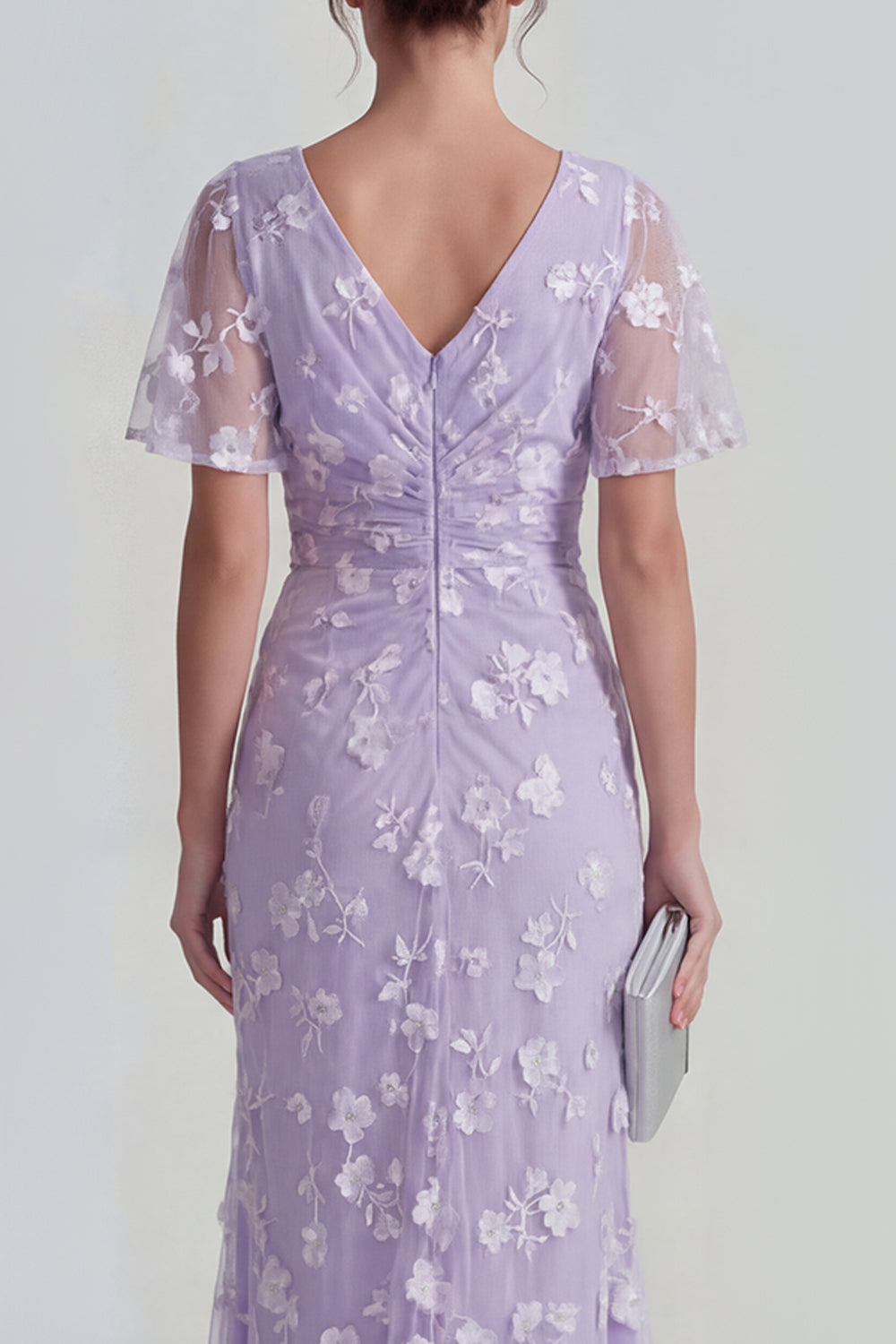 Floral Mermaid Ruched Short Sleeve Apricot Wedding Guest Dress