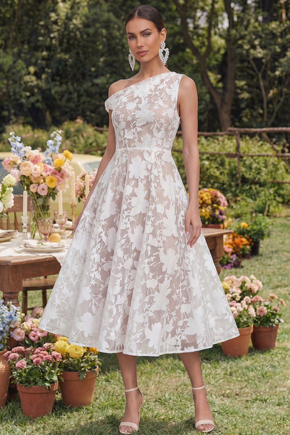 Floral Yellow Asymmetrical Neck A Line Wedding Guest Dress