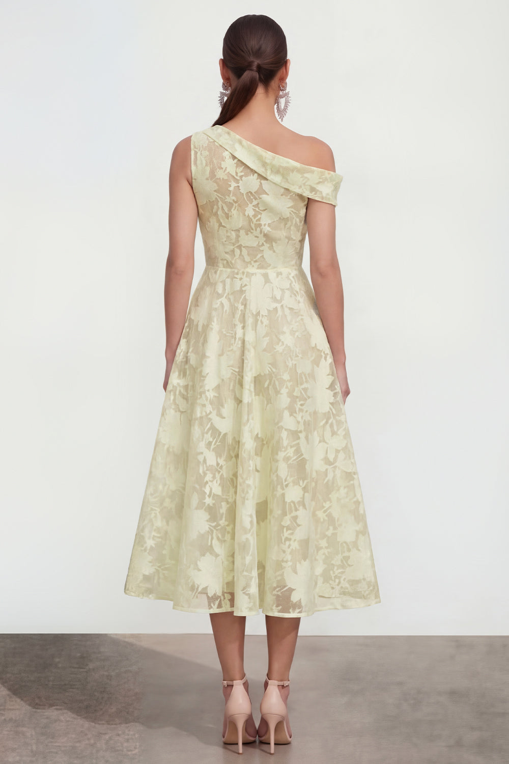 Floral Yellow Asymmetrical Neck A Line Wedding Guest Dress