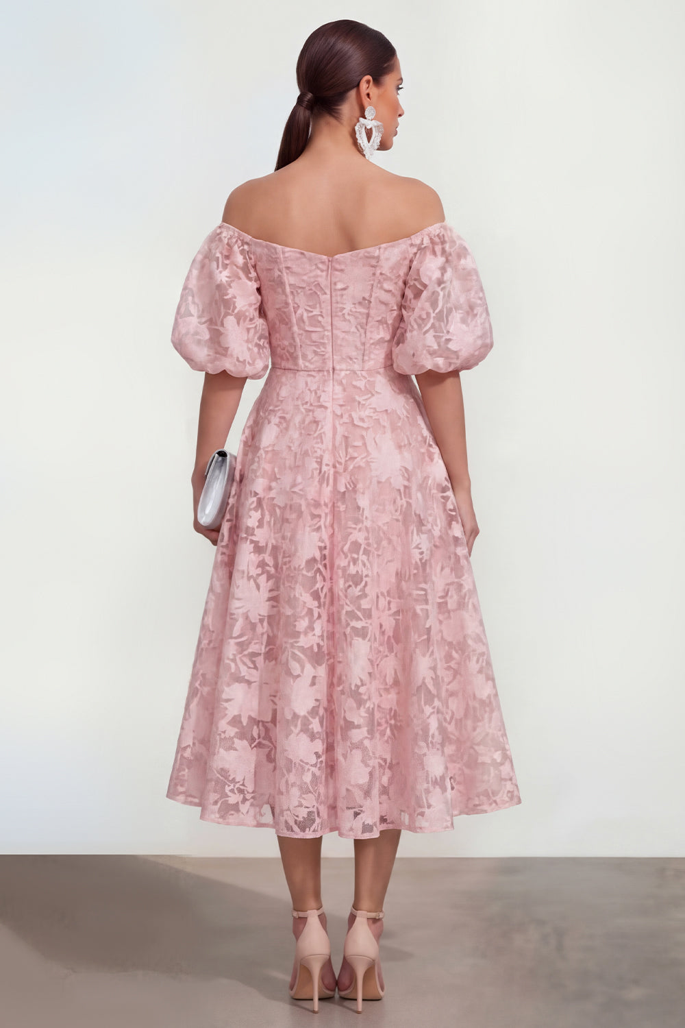 Floral Pink Off the Shoulder A Line Midi Wedding Guest Dress